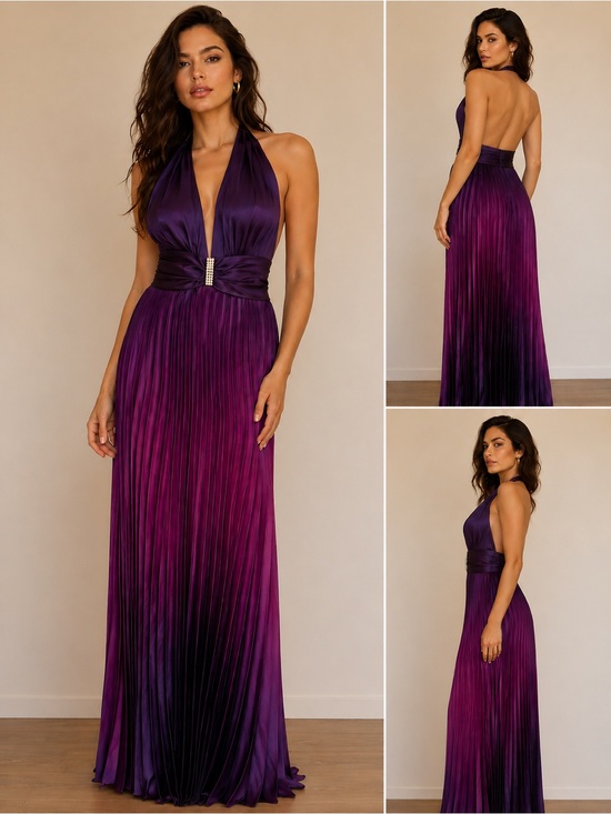 Cache Dresses & Skirts - Cache Plunge Halter Ombre Pleated Maxi Dress - Purple
